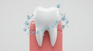 Animated model of tooth being cleaned by fluoride.